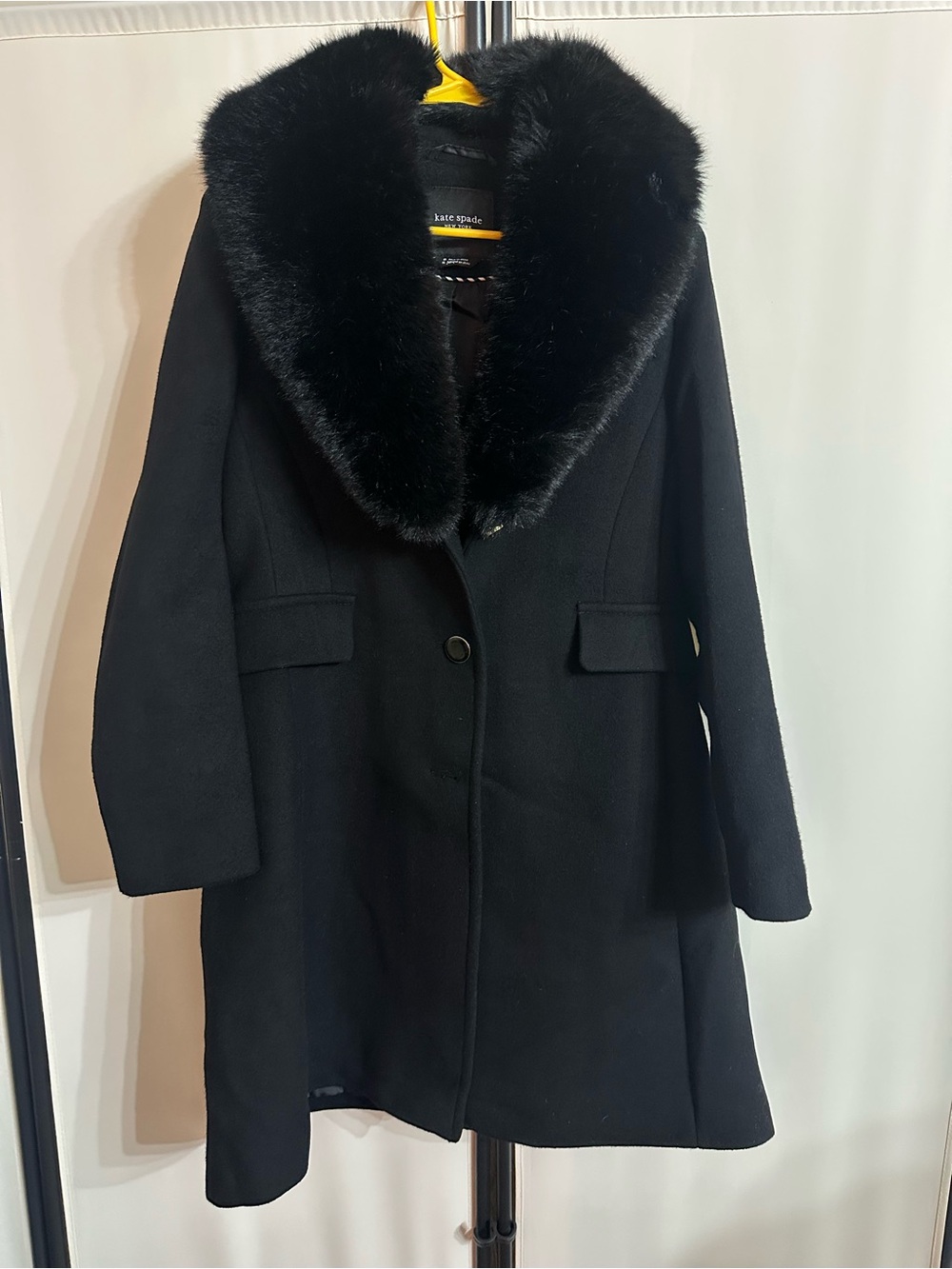 kate spade Black Wool-Blend Pea Coat with Removable Faux Fur Collar